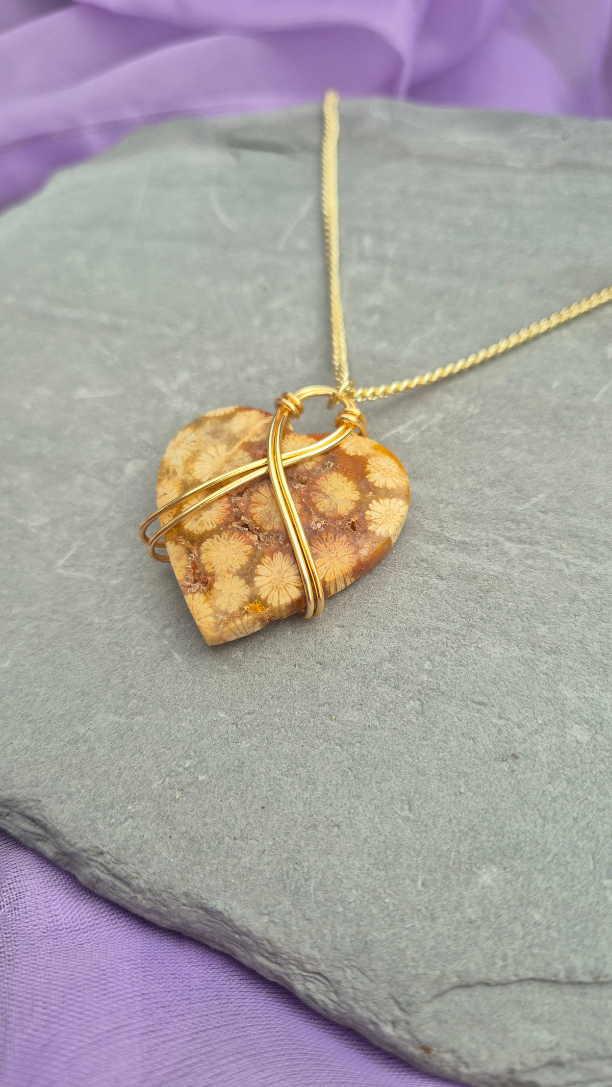 Reversible Fossilised Coral Heart Necklace – Gold-Filled Chain