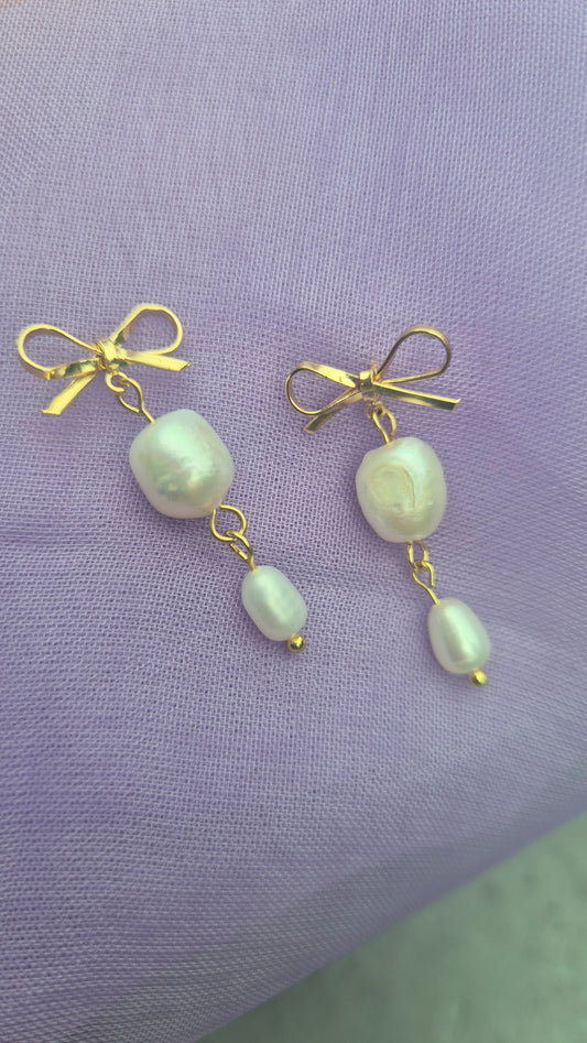 Gold-Filled Bow Earrings with Freshwater Pearl Drops