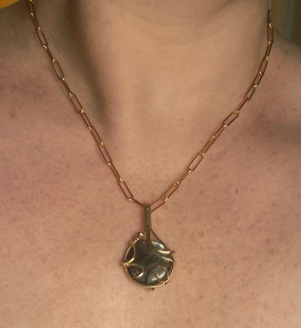 Gold Filled Labradorite Necklace – Wire Wrapped Pendant on Paperclip Chain