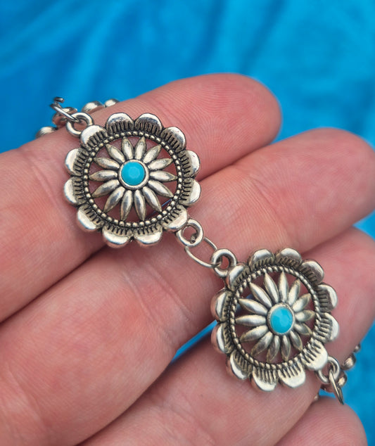 Antique Silver Floral Bracelet | Turquoise Blue Boho Jewellery