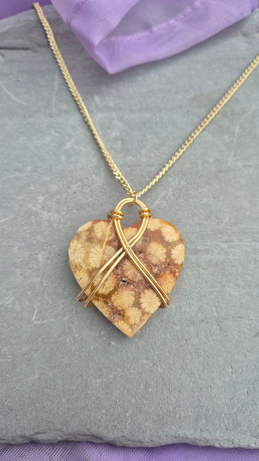 Reversible Fossilised Coral Heart Necklace – Gold-Filled Chain