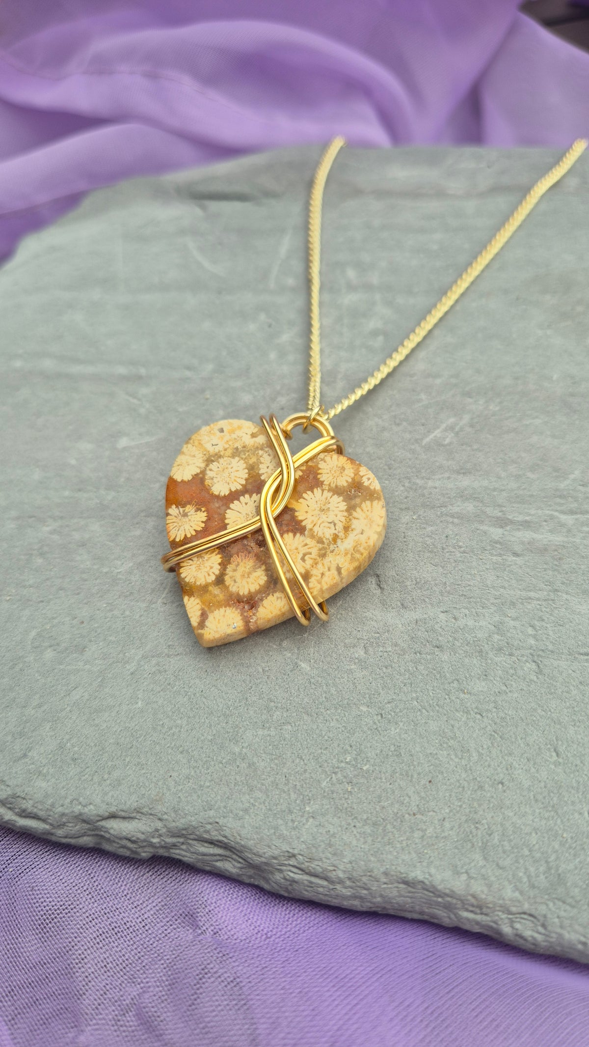 Reversible Fossilised Coral Heart Necklace – Gold-Filled Chain