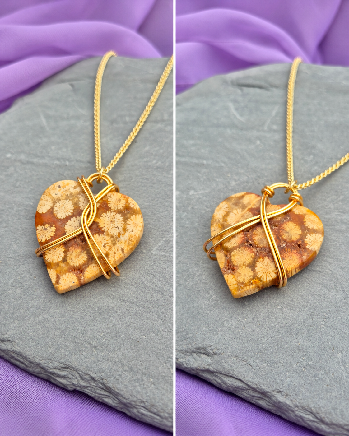 Reversible Fossilised Coral Heart Necklace – Gold-Filled Chain