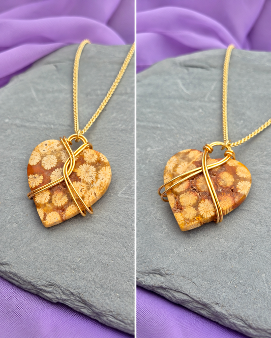 Reversible Fossilised Coral Heart Necklace – Gold-Filled Chain
