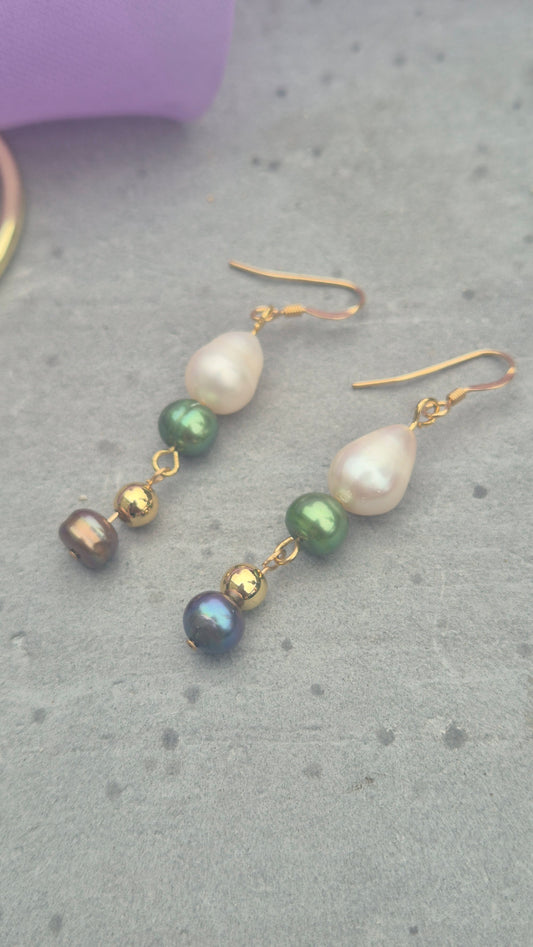 Freshwater Pearl & Gold-Filled Drop Earrings – Elegant Three-Tone Dangle Earrings