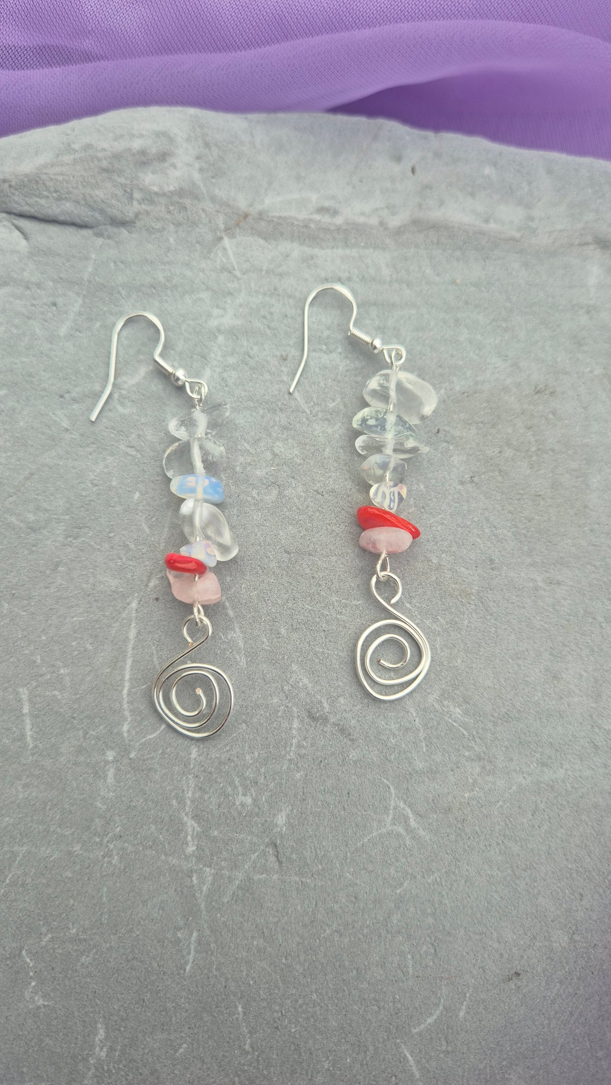 Clear Quartz & Coral Spiral Earrings