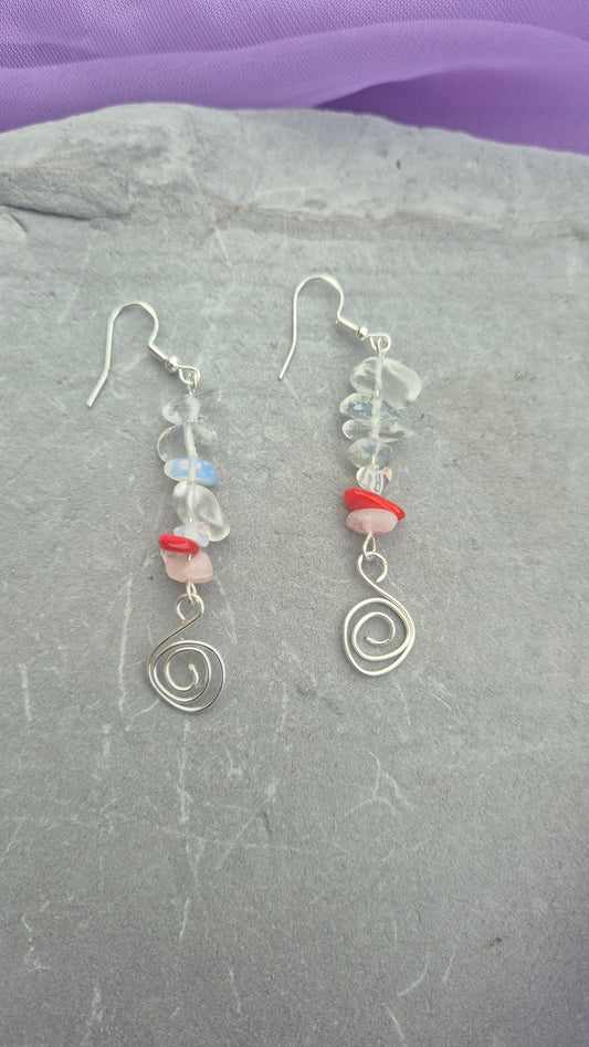 Clear Quartz & Coral Spiral Earrings