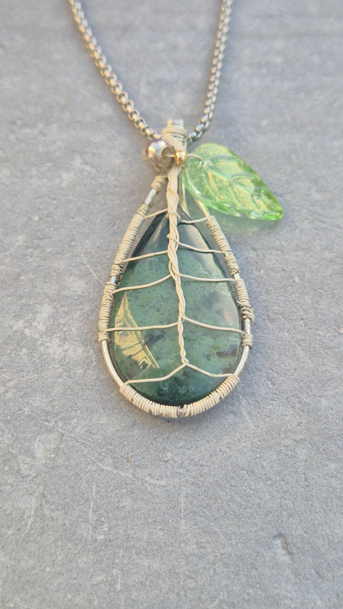 Moss Agate Leaf Necklace – Handcrafted Wire Wrapped Gemstone Pendant