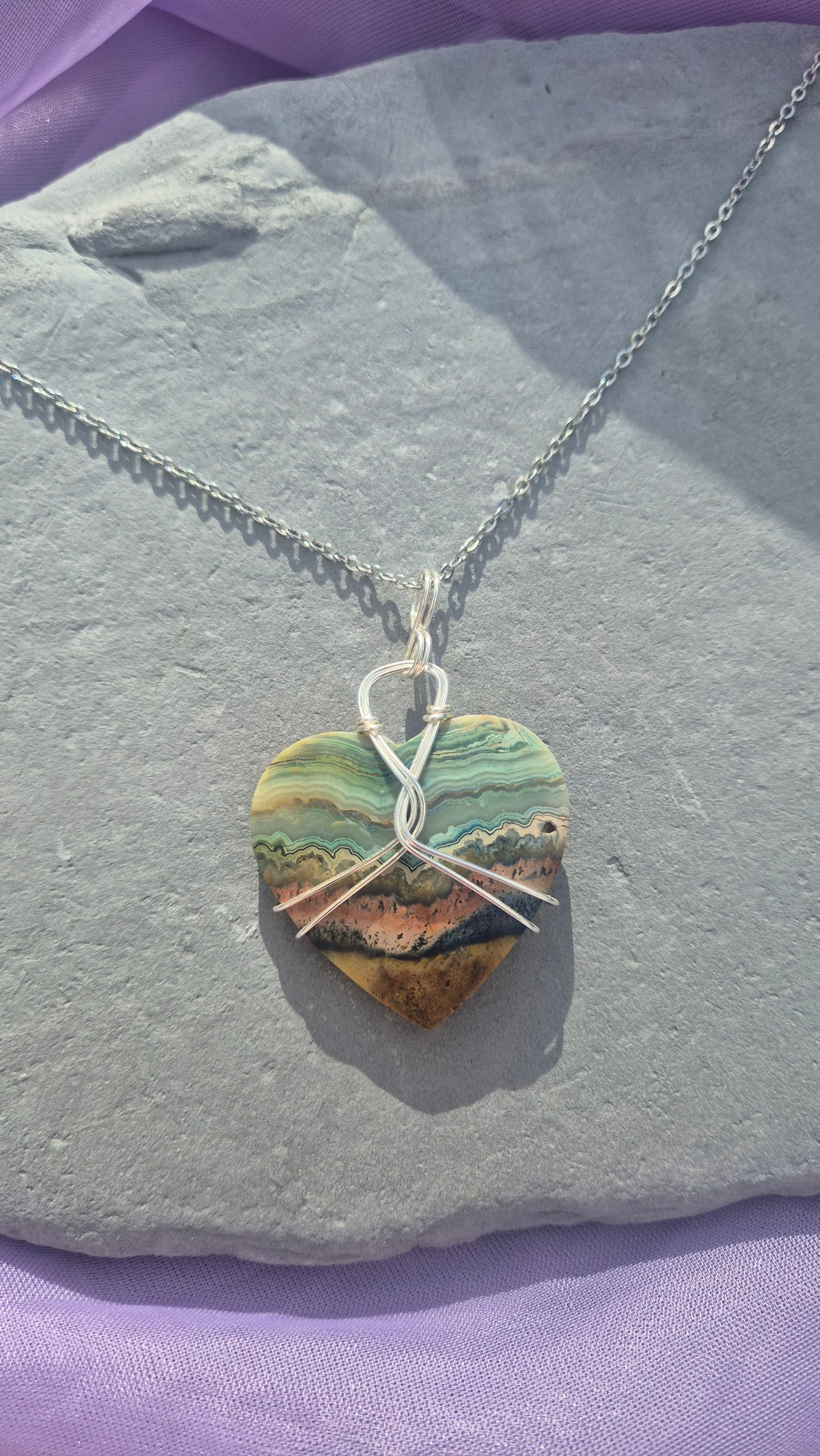 Crazy Lace Agate Necklace – Handmade Wire-Wrapped Heart Pendant