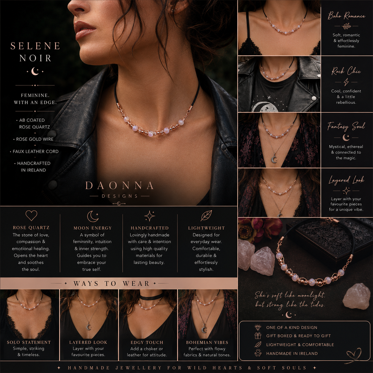 Selene Noir | Rose Quartz Choker Necklace