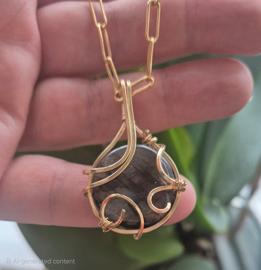 Gold Filled Labradorite Necklace – Wire Wrapped Pendant on Paperclip Chain