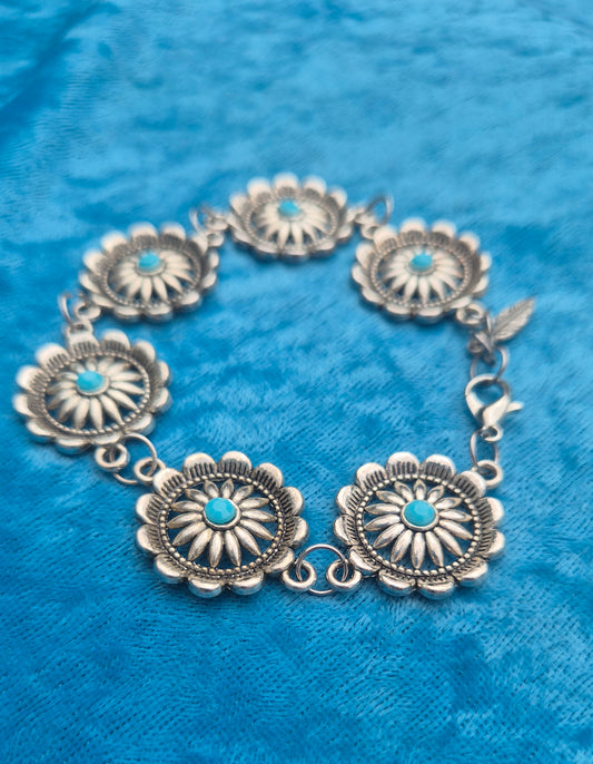 Antique Silver Floral Bracelet | Turquoise Blue Boho Jewellery