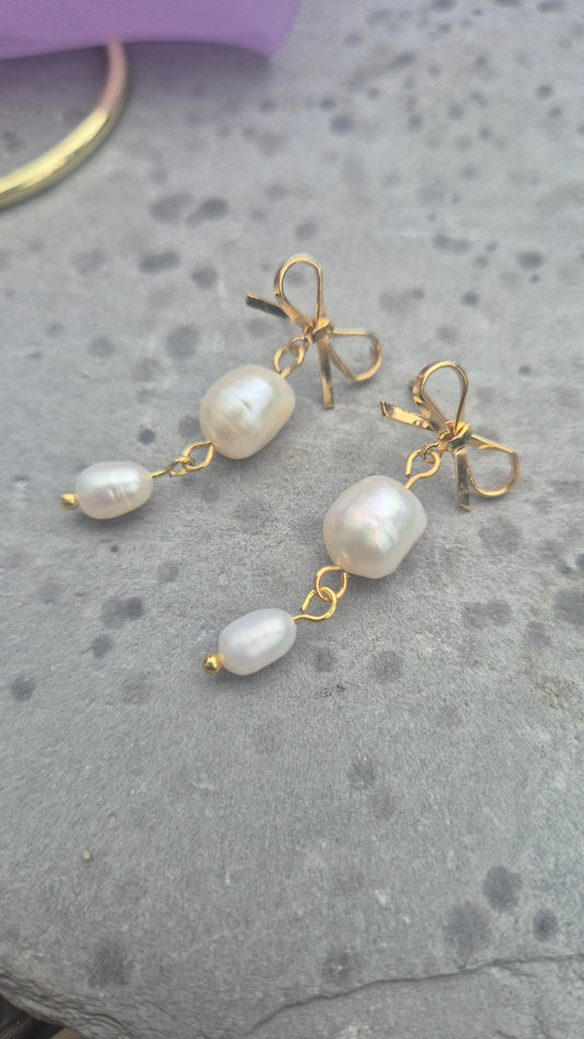 Gold-Filled Bow Earrings with Freshwater Pearl Drops