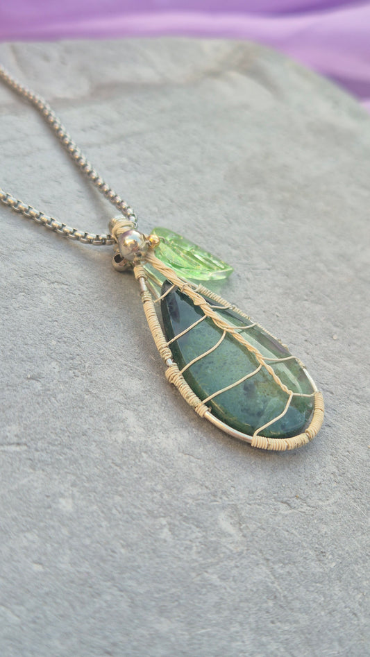 Moss Agate Leaf Necklace – Handcrafted Wire Wrapped Gemstone Pendant