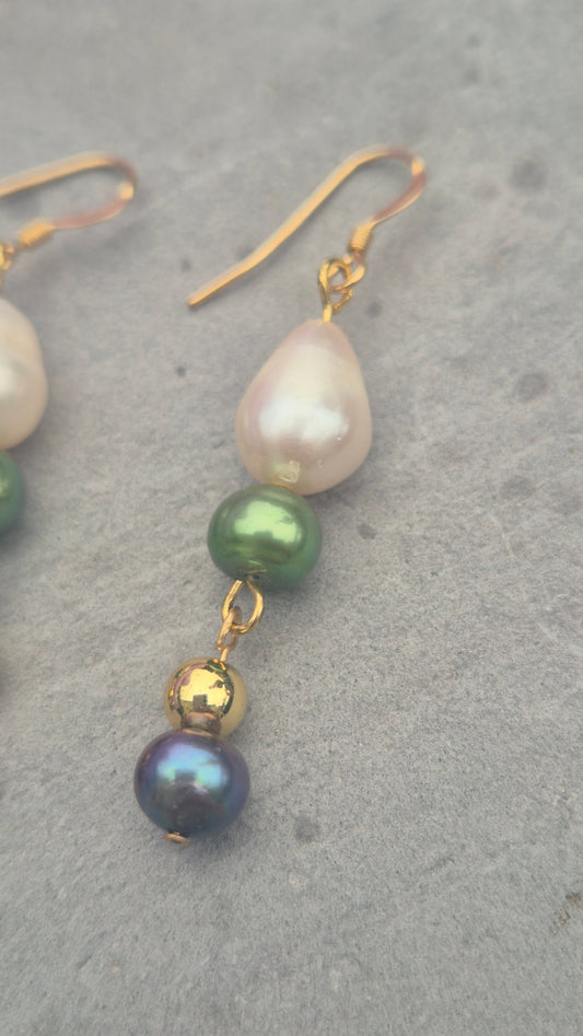 Freshwater Pearl & Gold-Filled Drop Earrings – Elegant Three-Tone Dangle Earrings