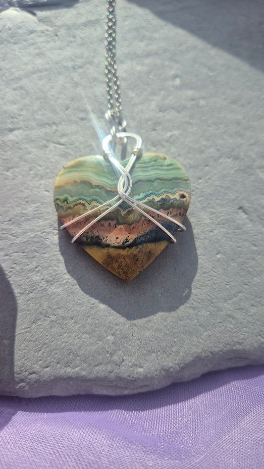 Crazy Lace Agate Necklace – Handmade Wire-Wrapped Heart Pendant