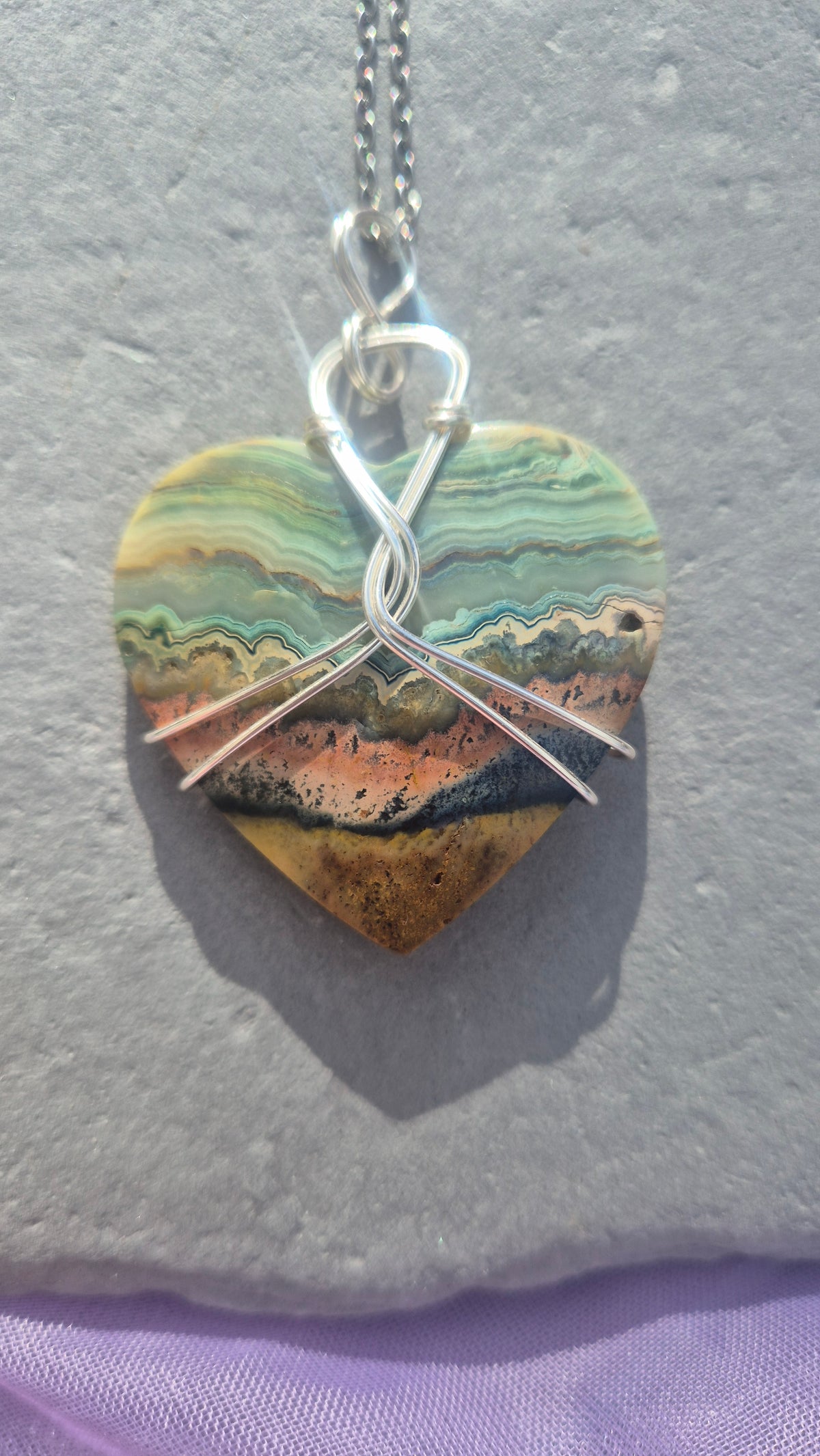 Crazy Lace Agate Necklace – Handmade Wire-Wrapped Heart Pendant