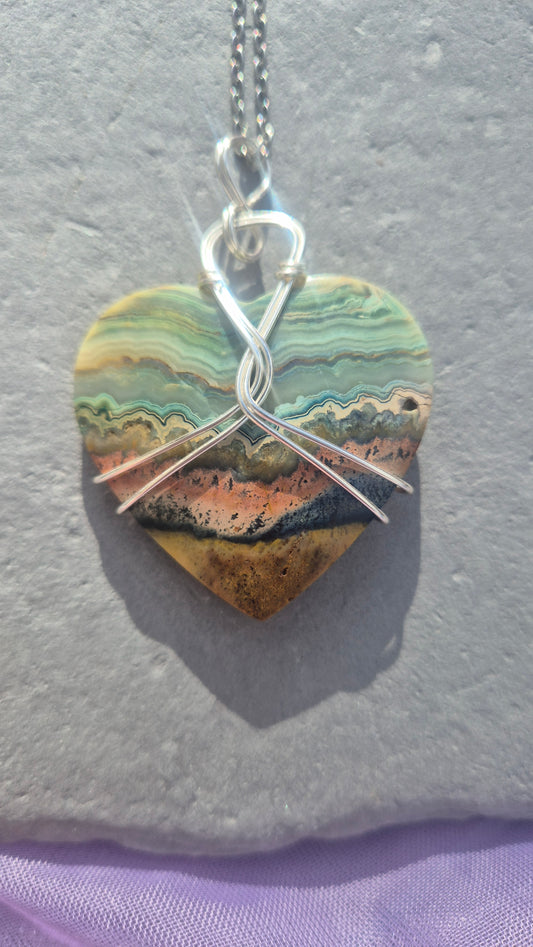 Crazy Lace Agate Necklace – Handmade Wire-Wrapped Heart Pendant