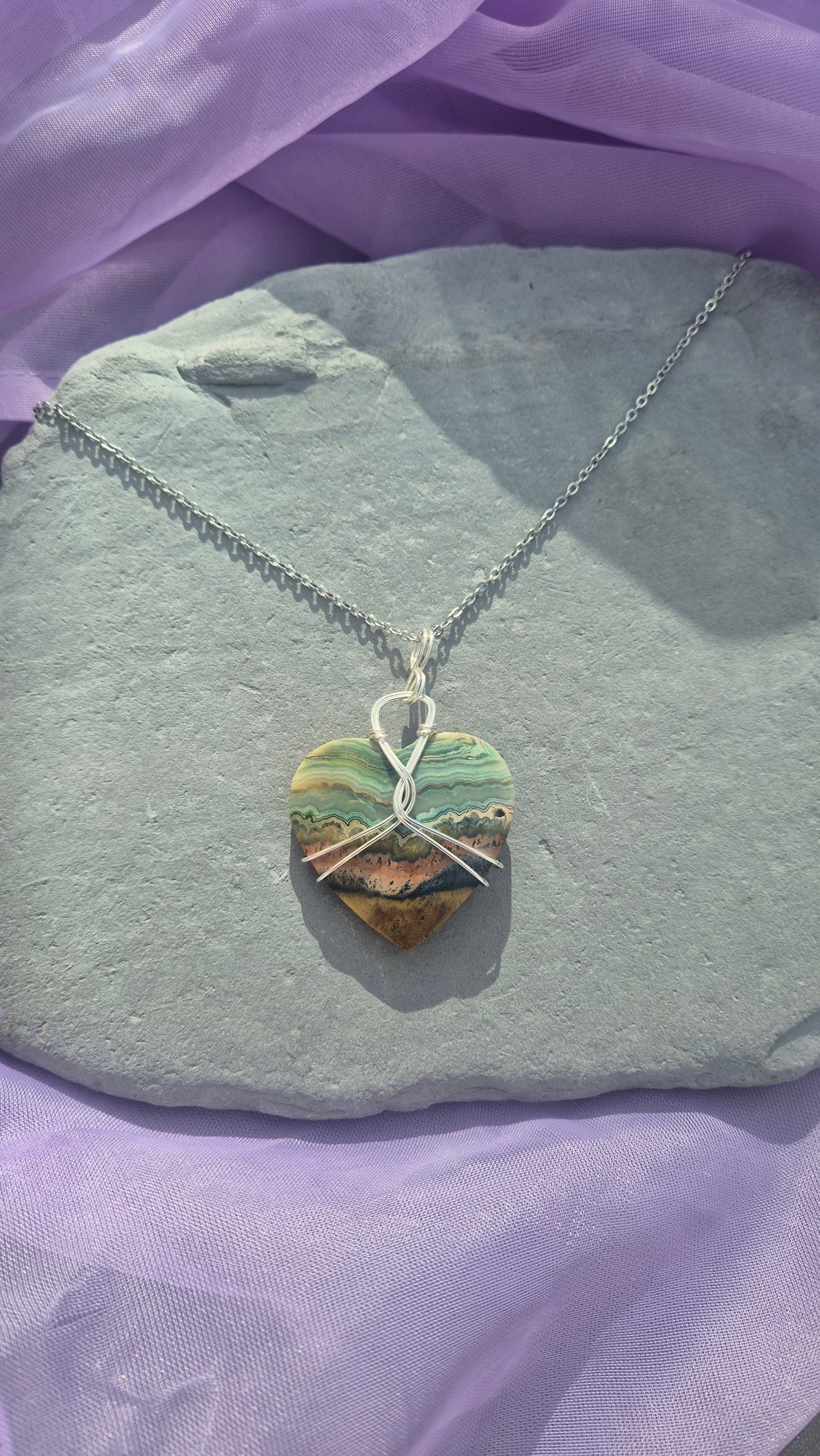 Crazy Lace Agate Necklace – Handmade Wire-Wrapped Heart Pendant